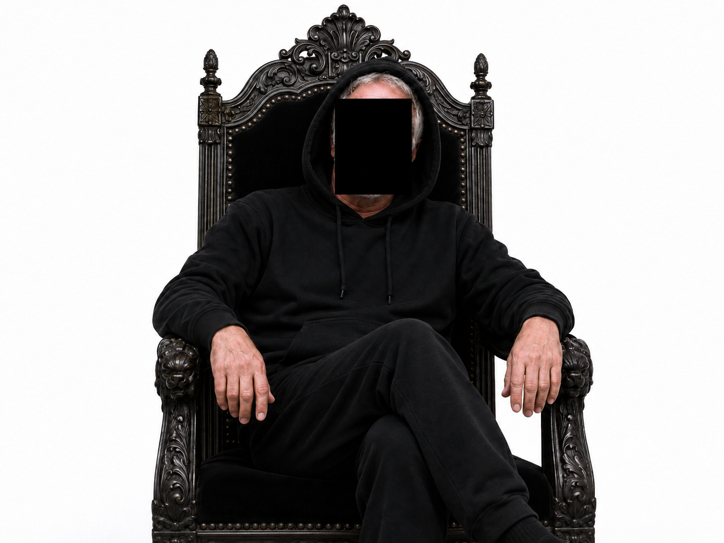 Hoodstein seated on an ornate dark throne in a full black hooded set